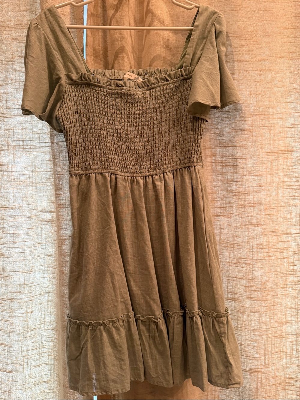 Smocked Square-Neck Mini Dress in Olive